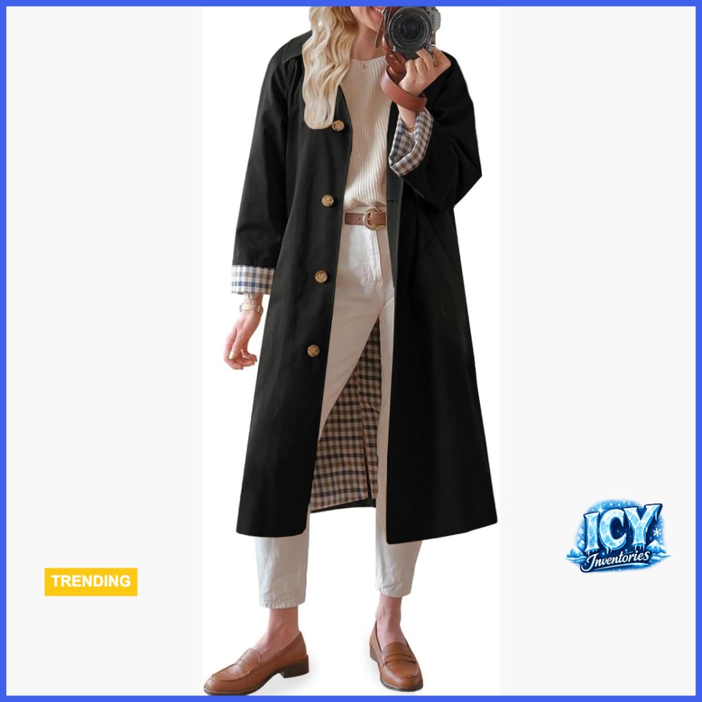 Long Trench Coat Classic Collar Single Breasted Lightweight Full Length